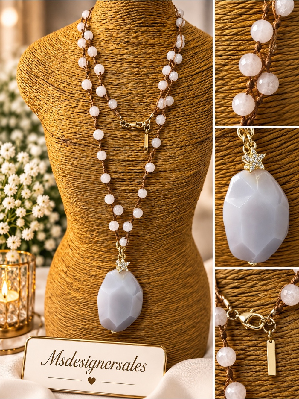 Gold-Accent Rose Quartz Beaded Necklace with White Agate Pendant
